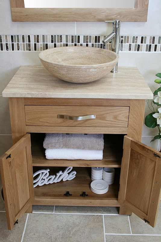 Travertine Basin on Travertine Top Bathroom Vanity Unit - Showing Storage