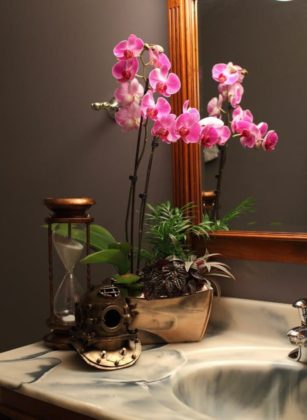 Pink Orchids on Marble Basin Pink Orchids on Bathroom Sink