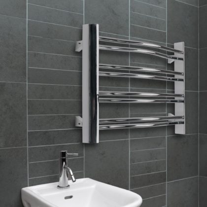 Minimalist Bathroom with Metallic Towel Rails and Single Basin Heated Towel Rails on Grey Bathroom Walls